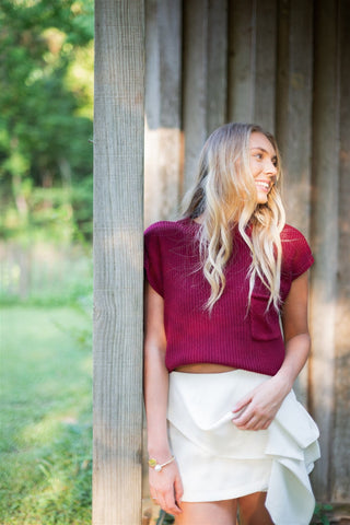 Burgundy Mock Neck Short Sleeve Knit Top - Select Trends Boutique