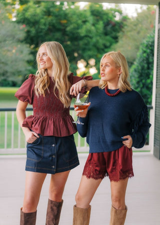 Burgundy Plaid Puff Sleeve Blouse | Select Trends Boutique