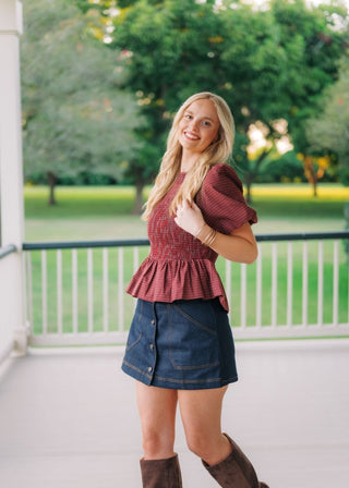 Burgundy Plaid Puff Sleeve Blouse | Select Trends Boutique