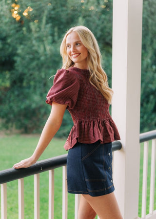 Burgundy Plaid Puff Sleeve Blouse | Select Trends Boutique