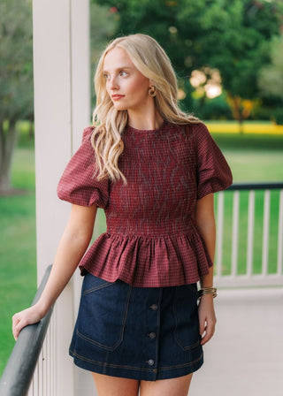 Burgundy Plaid Puff Sleeve Blouse | Select Trends Boutique