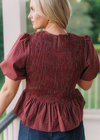 Burgundy Plaid Puff Sleeve Blouse | Select Trends Boutique