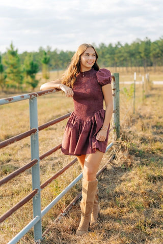 Burgundy Plaid Puff Sleeve Dress | Select Trends Boutique