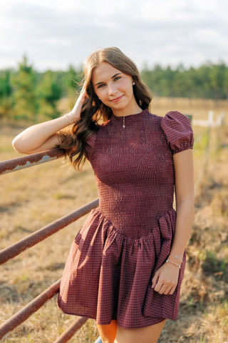 Burgundy Plaid Puff Sleeve Dress | Select Trends Boutique