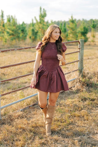 Burgundy Plaid Puff Sleeve Dress | Select Trends Boutique