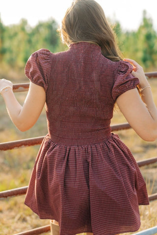 Burgundy Plaid Puff Sleeve Dress | Select Trends Boutique