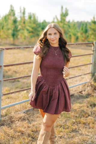 Burgundy Plaid Puff Sleeve Dress | Select Trends Boutique