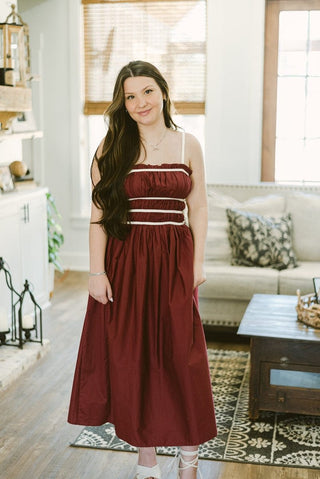 Burgundy Poplin Tie Detail Midi Dress | Select Trends Boutique