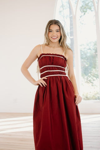 Burgundy Poplin Tie Detail Midi Dress | Select Trends Boutique