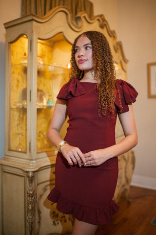 Burgundy Ruffle Detail Mini Dress