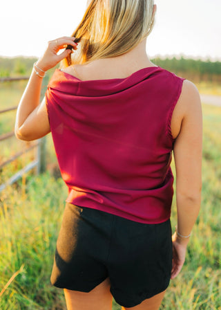 Burgundy Satin Draped Shoulder Top