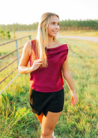 Burgundy Satin Draped Shoulder Top | Select Trends Boutique