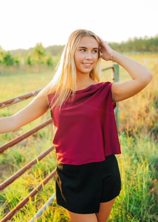Burgundy Satin Draped Shoulder Top | Select Trends Boutique
