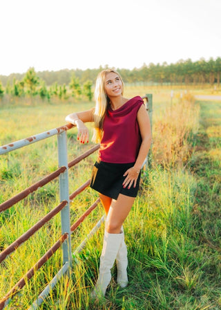 Burgundy Satin Draped Shoulder Top | Select Trends Boutique
