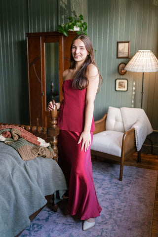 Burgundy Strapless Satin Maxi Dress | Select Trends Boutique