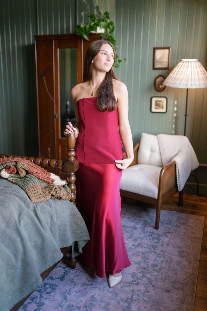 Burgundy Strapless Satin Maxi Dress
