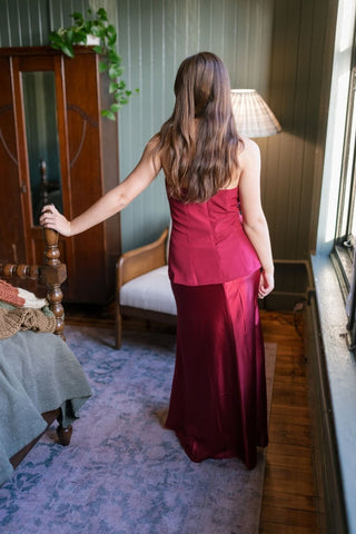 Burgundy Strapless Satin Maxi Dress | Select Trends Boutique