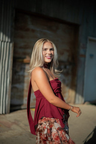 Burgundy Strapless Scarf Blouse | Select Trends Boutique