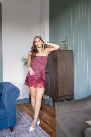 Burgundy Tweed Strapless Lace Trim Romper | Select Trends Boutique