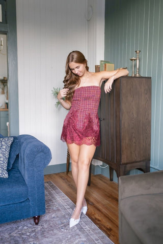 Burgundy Tweed Strapless Lace Trim Romper | Select Trends Boutique