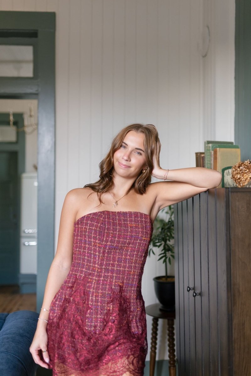 Burgundy Tweed Strapless Lace Trim Romper
