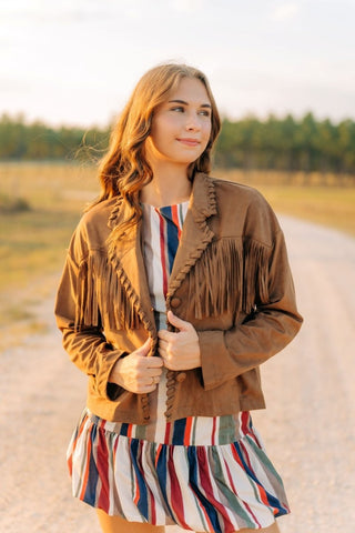 Camel Brown Fringe Suede Jacket | Select Trends Boutique