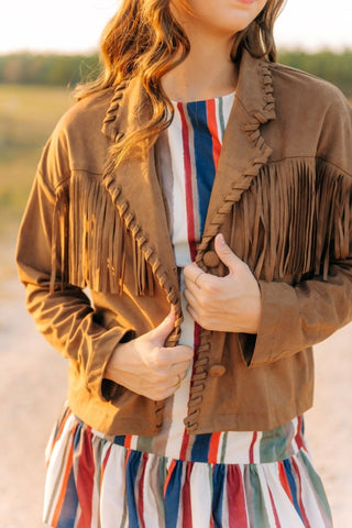 Camel Brown Fringe Suede Jacket | Select Trends Boutique