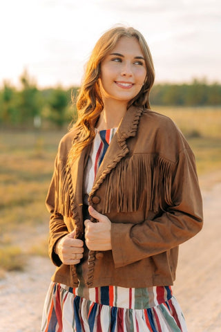 Camel Brown Fringe Suede Jacket | Select Trends Boutique