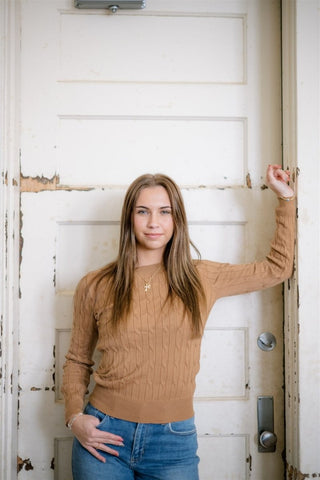 Camel Brown Long Sleeve Cable Knit Top | Select Trends Boutique