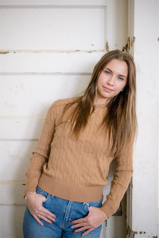 Camel Brown Long Sleeve Cable Knit Top | Select Trends Boutique