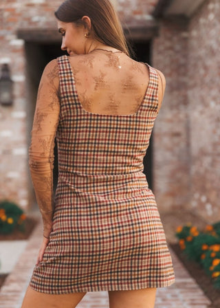 Camel Brown Square Neck Checkered Dress | Select Trends Boutique