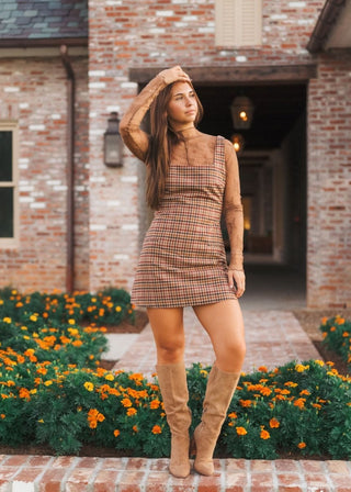 Camel Brown Square Neck Checkered Dress | Select Trends Boutique