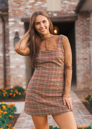 Camel Brown Square Neck Checkered Dress | Select Trends Boutique