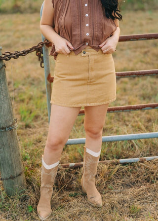 Camel Mustard Denim Mini Skort | Select Trends Boutique