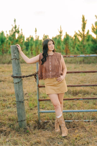 Camel Mustard Denim Mini Skort | Select Trends Boutique