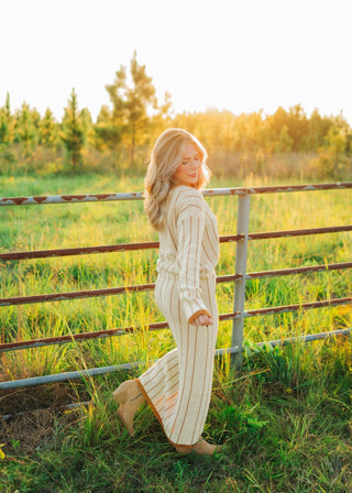 Camel Striped Knit Midi Skirt Set