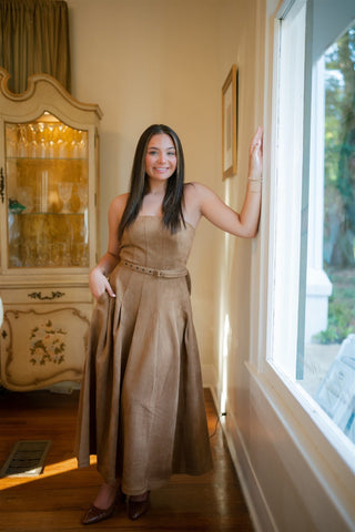 Camel Suede Belted Midi Dress