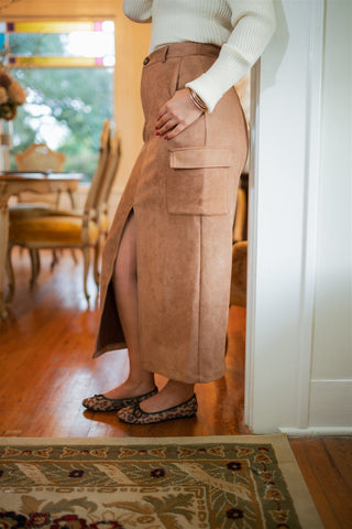 Camel Suede Cargo Midi Skirt