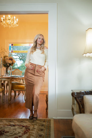 Camel Suede Cargo Midi Skirt
