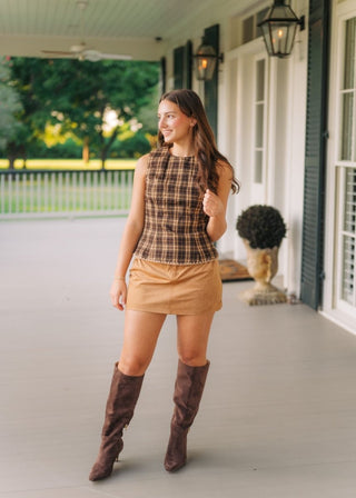 Camel Suede Pleated Mini Skort | Select Trends Boutique