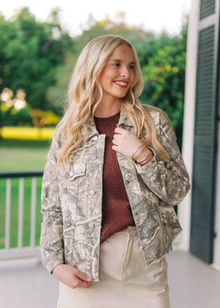 Camo Raw Hem Boyfriend Denim Jacket | Select Trends Boutique