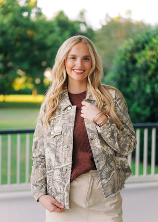 Camo Raw Hem Boyfriend Denim Jacket | Select Trends Boutique