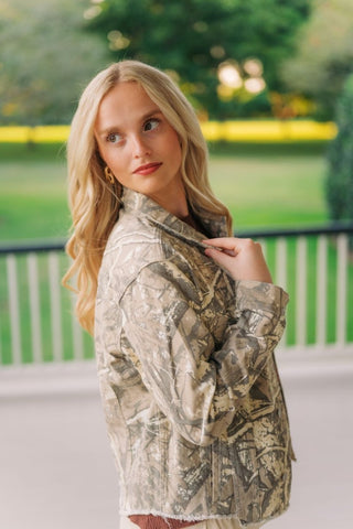 Camo Raw Hem Boyfriend Denim Jacket | Select Trends Boutique