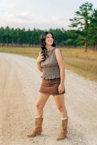 Chocolate Brown Denim Mini Skort | Select Trends Boutique