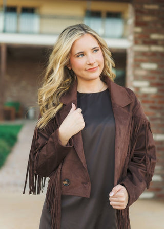 Chocolate Brown Suede Fringe Jacket | Select Trends Boutique
