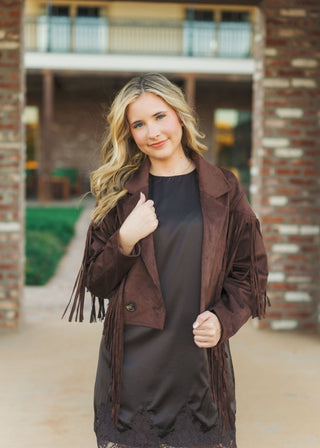 Chocolate Brown Suede Fringe Jacket | Select Trends Boutique