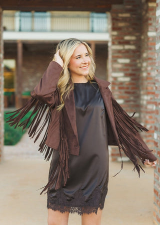 Chocolate Brown Suede Fringe Jacket | Select Trends Boutique