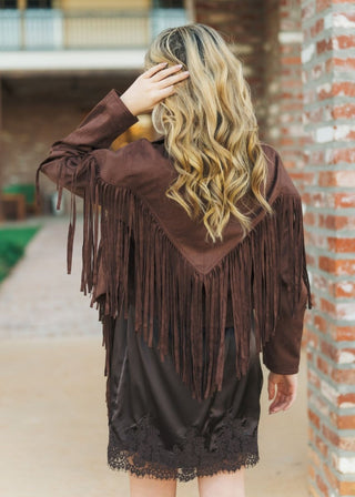 Chocolate Brown Suede Fringe Jacket | Select Trends Boutique