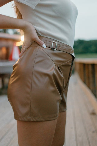 Cognac Buckled Leather Shorts | Select Trends Boutique