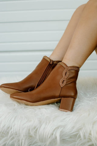 Cognac Rhinestone Detail Bootie | Select Trends Boutique